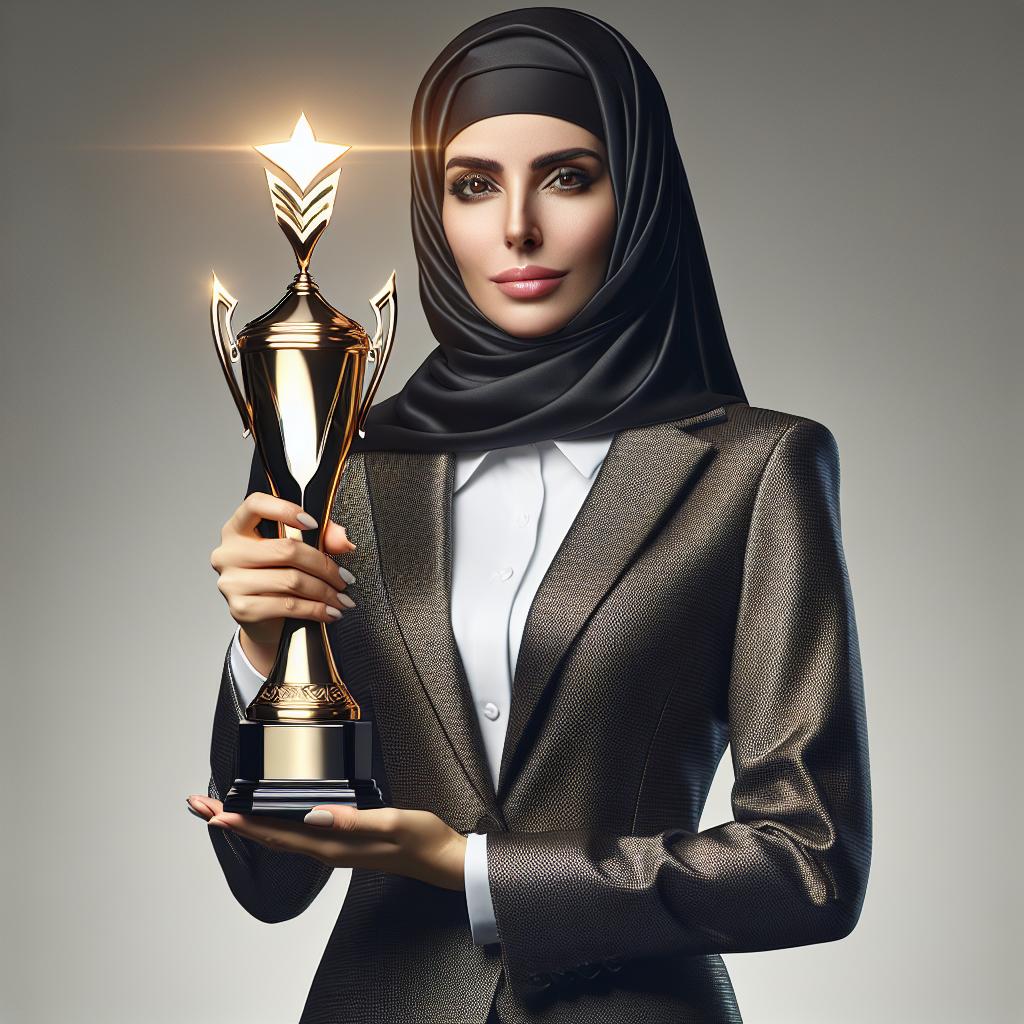 Businesswoman with award trophy.