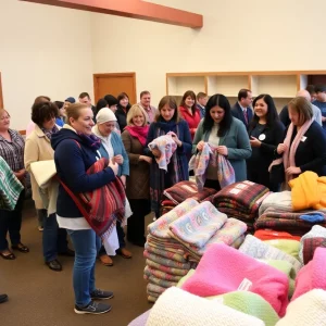 Residents donating blankets for foster children at a community event