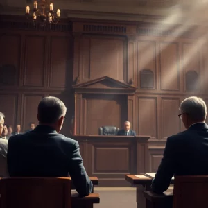 Courtroom scene depicting a trial in Bowling Green