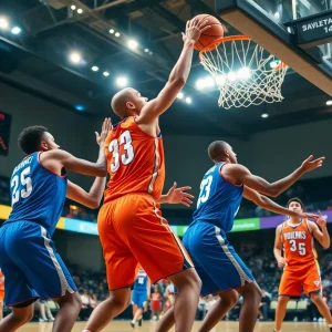 Kennesaw State and Western Kentucky players competing in a basketball game at E.A. Diddle Arena.