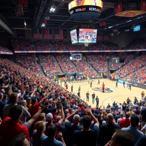 Fans cheering in a basketball arena for UTEP Miners.