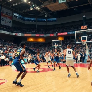 Basketball players from UTEP and Western Kentucky in action during a game.