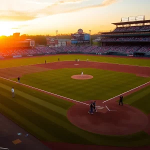 WKU baseball players practicing on the field during sunset.