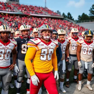 WKU Football players celebrating signing day on a football field.