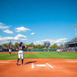 WKU softball team practicing on the field with fans cheering in the background.