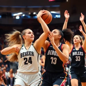 Women's basketball teams competing during a game