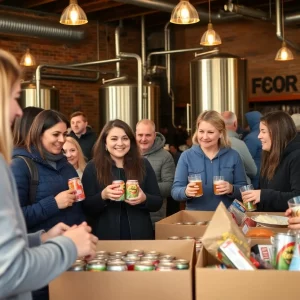 Volunteers collecting canned goods for Kentucky flood relief at a brewery.