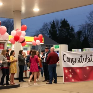 Celebration at a gas station in Bowling Green after a lottery win.