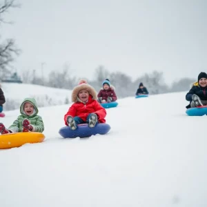 Families sledding down a snowy hill in Bowling Green, KY