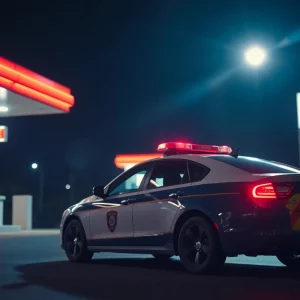 Police car at a gas station during a night arrest