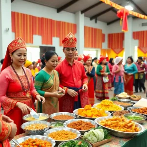 Cultural celebration of Chin National Day with traditional attire and food.