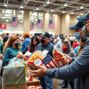 Volunteers collecting food donations for veterans at a convention center