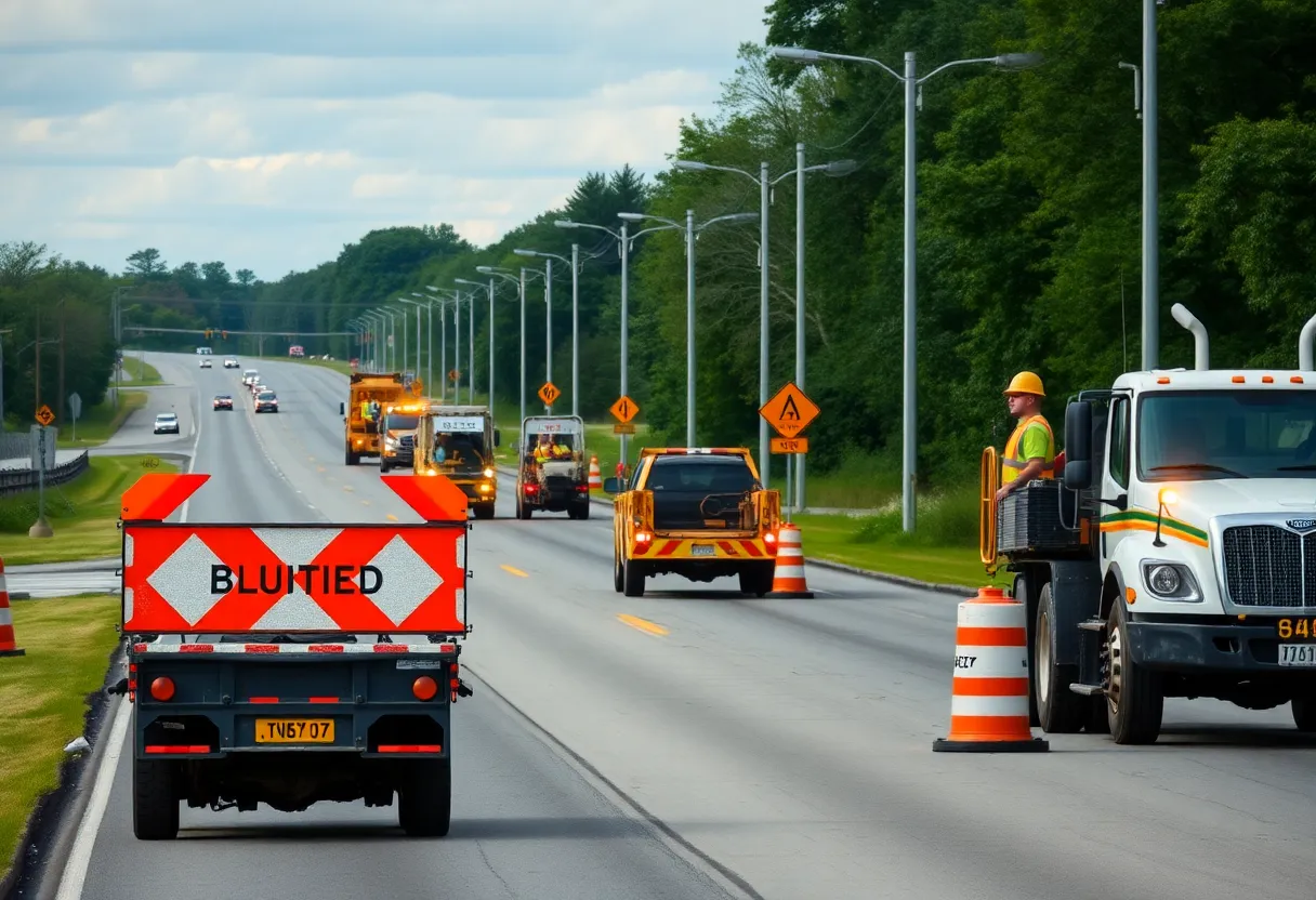 Road construction in Daviess County with lane restriction signs.