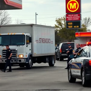 Police responding to a stolen truck incident at a gas station