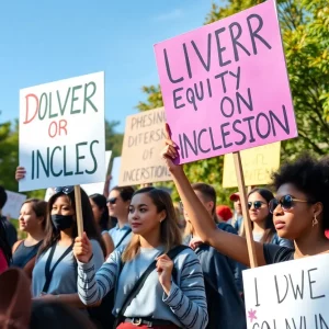 Students gathering and protesting for Diversity, Equity, and Inclusion at a university campus