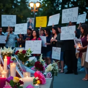 Community vigil for a tragic loss, candles lit in memory.