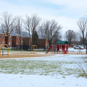 Empty school playground in Bowling Green during winter
