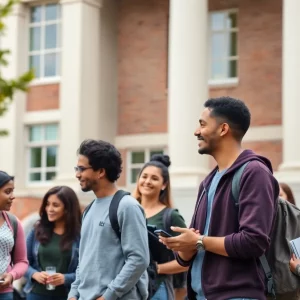 Students at Western Kentucky University discussing near a university building
