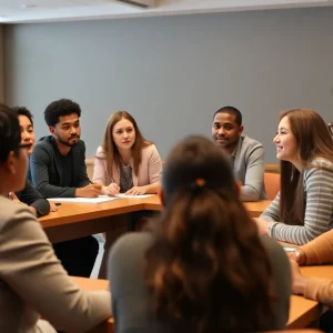 Students discussing mental health initiatives at WKU Student Government meeting.