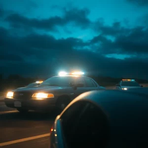 Police car with flashing lights chasing a stolen vehicle