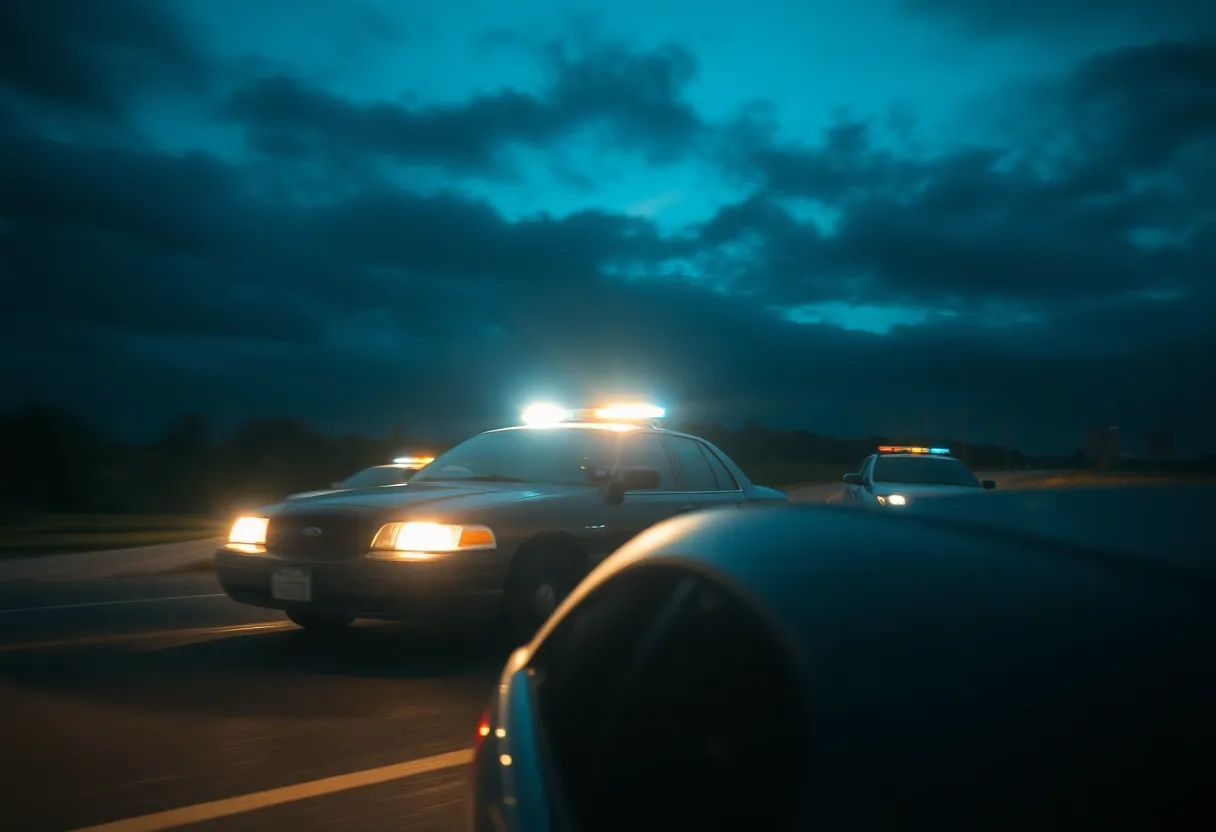Police car with flashing lights chasing a stolen vehicle