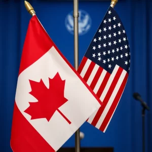 Flags of Canada and the United States intertwined at a press conference