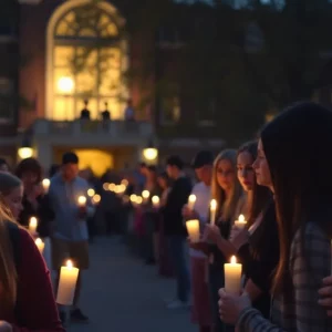 Vigil attendees holding candles in memory of a WKU student