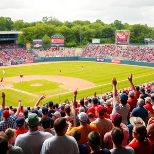 An energetic crowd at a college baseball game supporting WKU and Kennesaw State.
