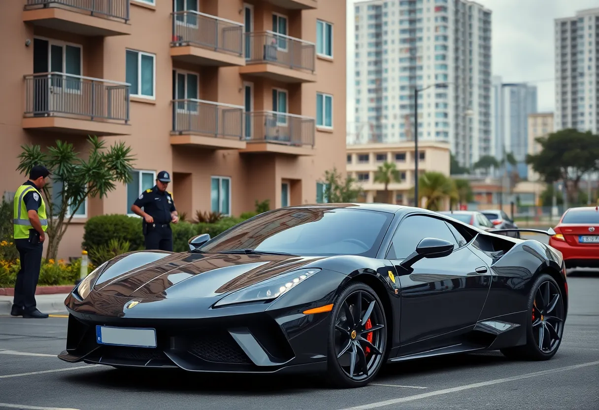 Police investigating a stolen Corvette at an apartment complex.