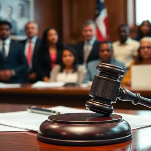 Courtroom scene representing justice and community support