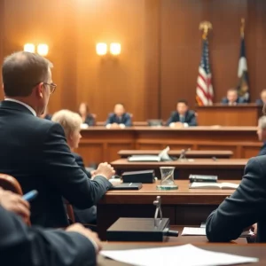 Courtroom scene depicting a jury's verdict