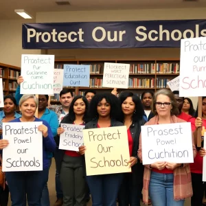 Advocates rallying for education funding at a library