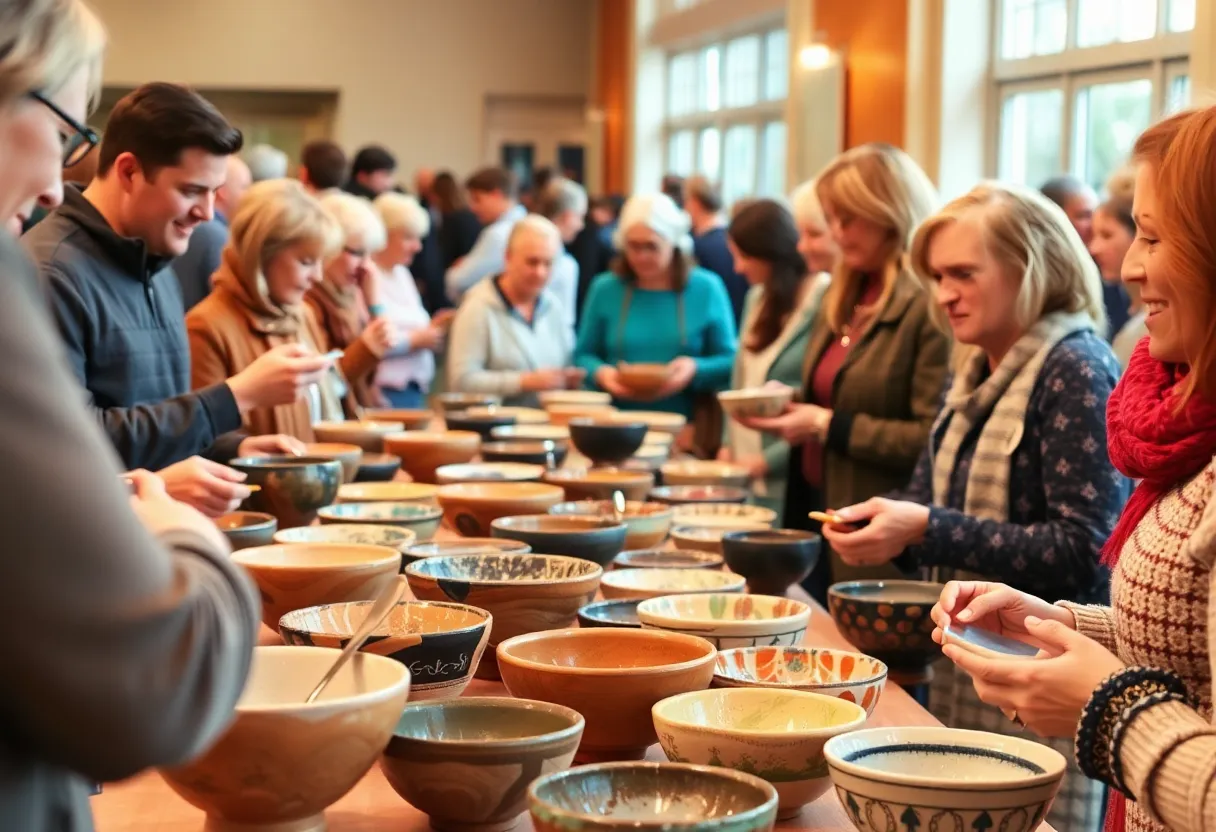 Community members gathered at the Empty Bowls Fundraising Event with handcrafted bowls.