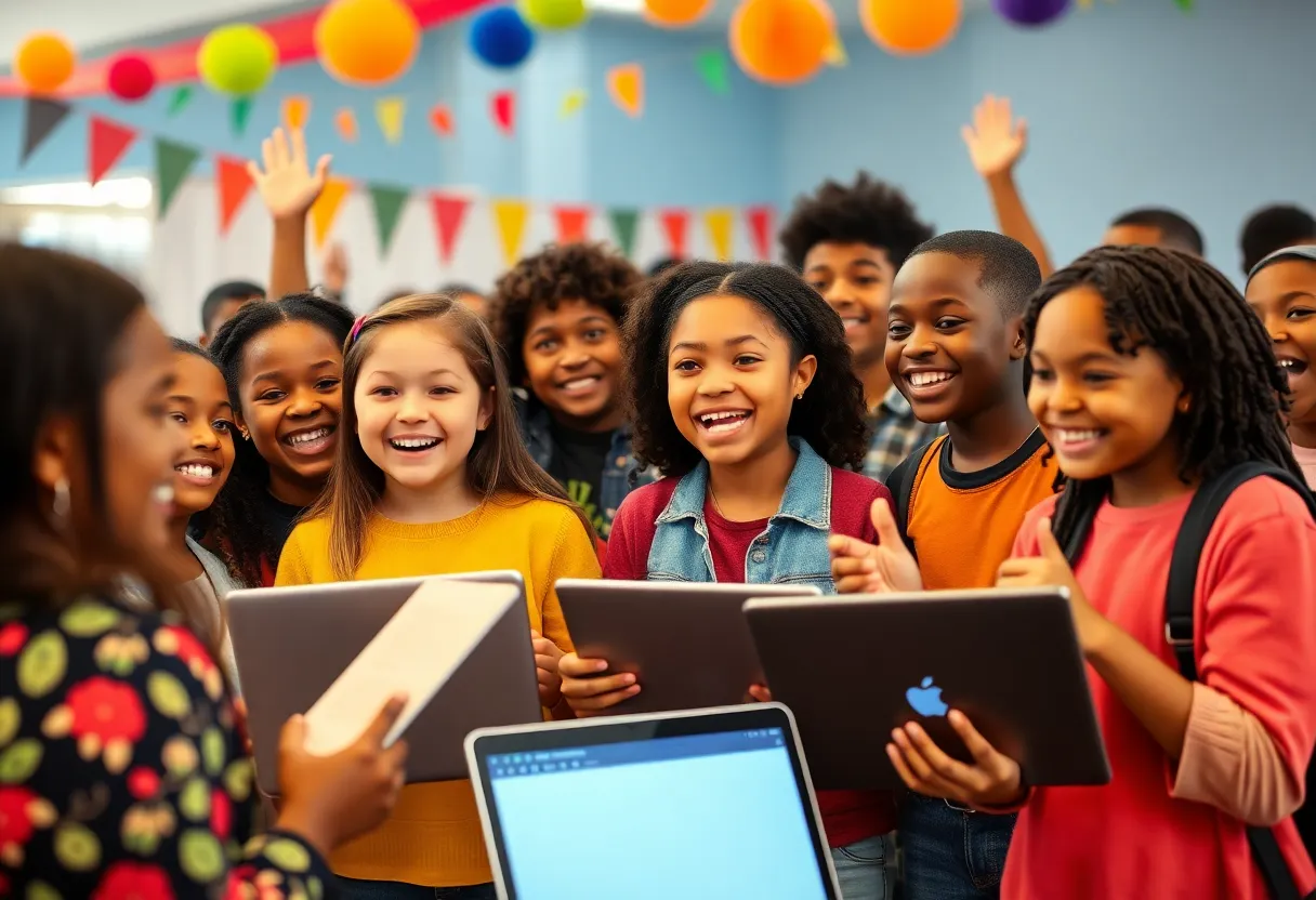 Students celebrating after receiving laptops at the Youth of the Year competition.