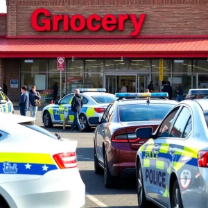 Police cars outside a grocery store parking lot.