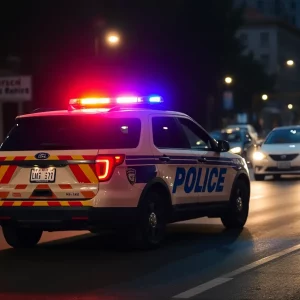 Police vehicle conducting a traffic stop in a city setting at night