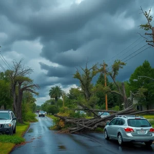 Destruction from severe weather in Michigan with fallen trees and damaged cars.