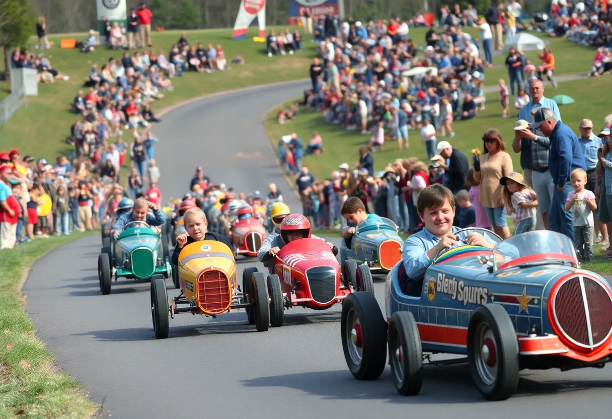 Soap box cars racing down a hill at the All American Soap Box Derby