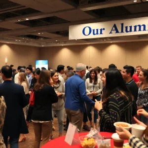 A gathering of people celebrating Warren County alumni at a conference center.