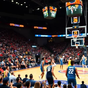 Basketball game action in CUSA Tournament with players engaged.