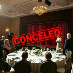 A formal dinner setting indicating a missing comedy performance.