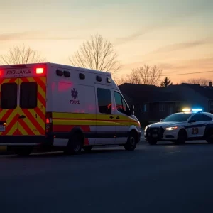 Ambulance parked with police car in residential area
