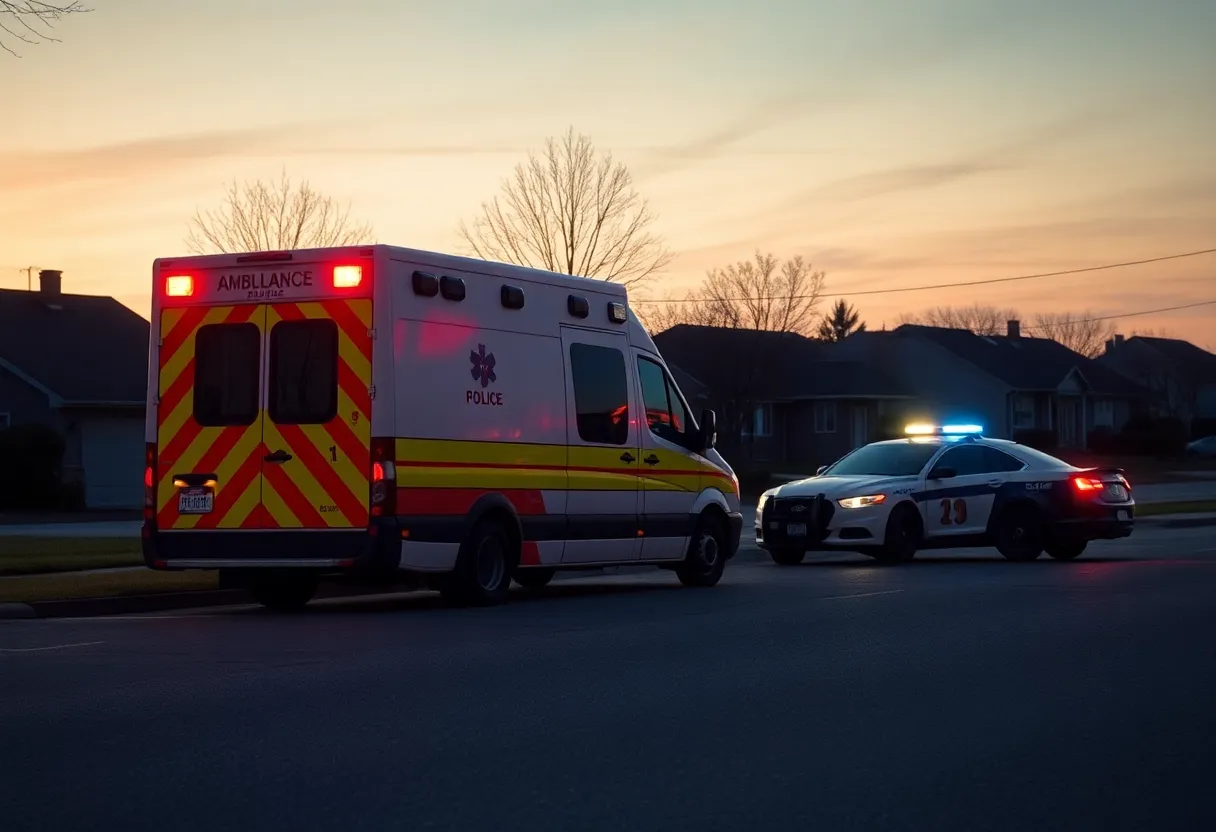 Ambulance parked with police car in residential area