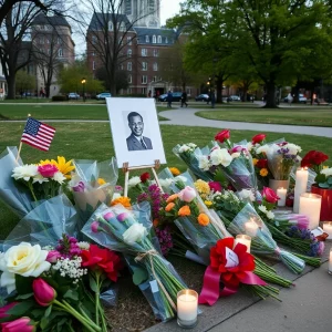 A memorial setup with flowers and candles in a park, representing community remembrance.