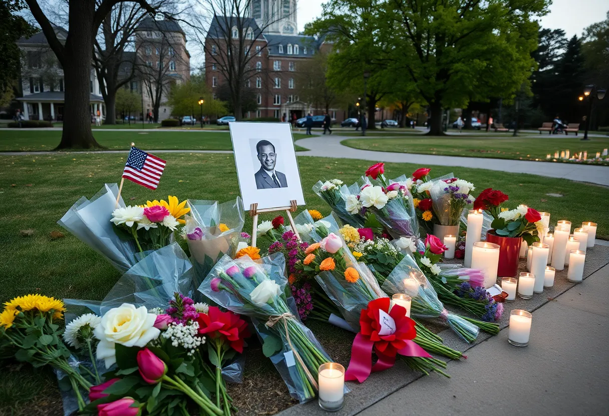 A memorial setup with flowers and candles in a park, representing community remembrance.