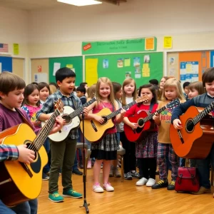 Students enjoying a bluegrass music performance at T.C. Cherry Elementary School