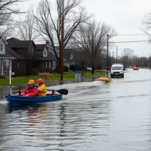 Aerial view of flooding in Bowling Green Kentucky with submerged homes and roads