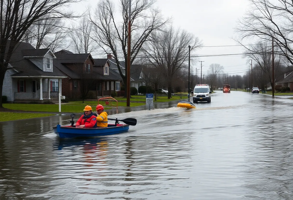 Aerial view of flooding in Bowling Green Kentucky with submerged homes and roads