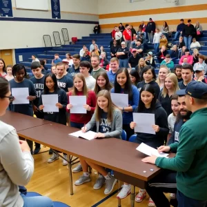 Students signing National Letters of Intent at a high school ceremony