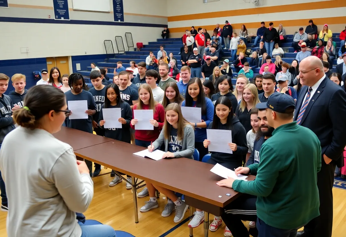 Students signing National Letters of Intent at a high school ceremony